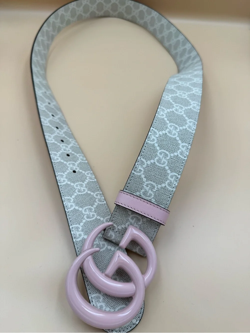 Gucci GG Marmont Pink Double G Belt Beige GG Supreme Canvas Pink Leather  110
